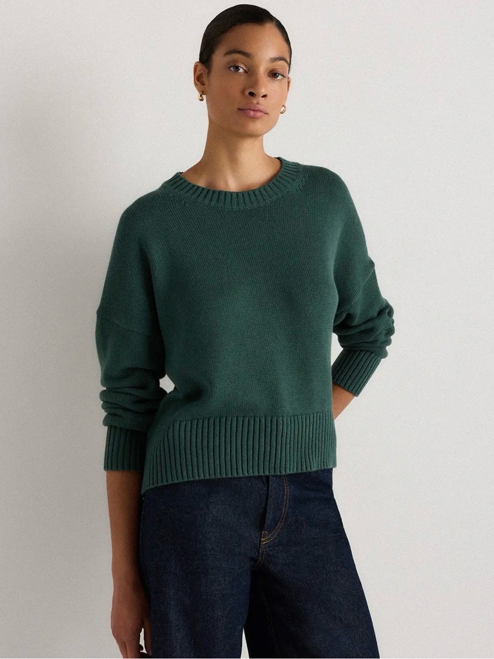 Quince 100% Organic Cotton Boyfriend Crew Sweater Size small Big Sur green